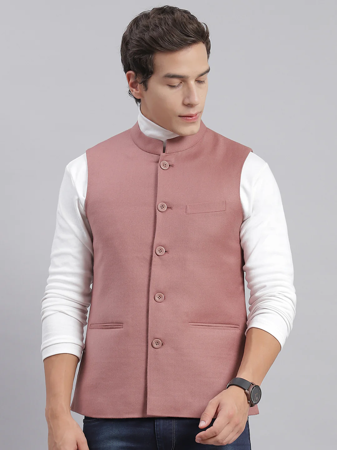 Men Pink Solid Mandarin Collar Sleeveless Nehru Jackets - Image 4