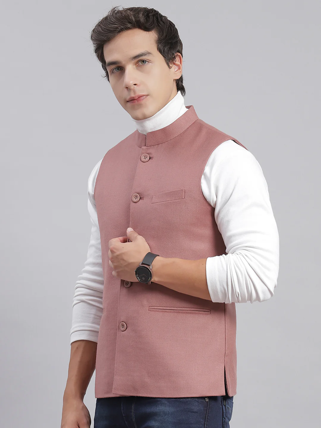 Men Pink Solid Mandarin Collar Sleeveless Nehru Jackets - Image 5