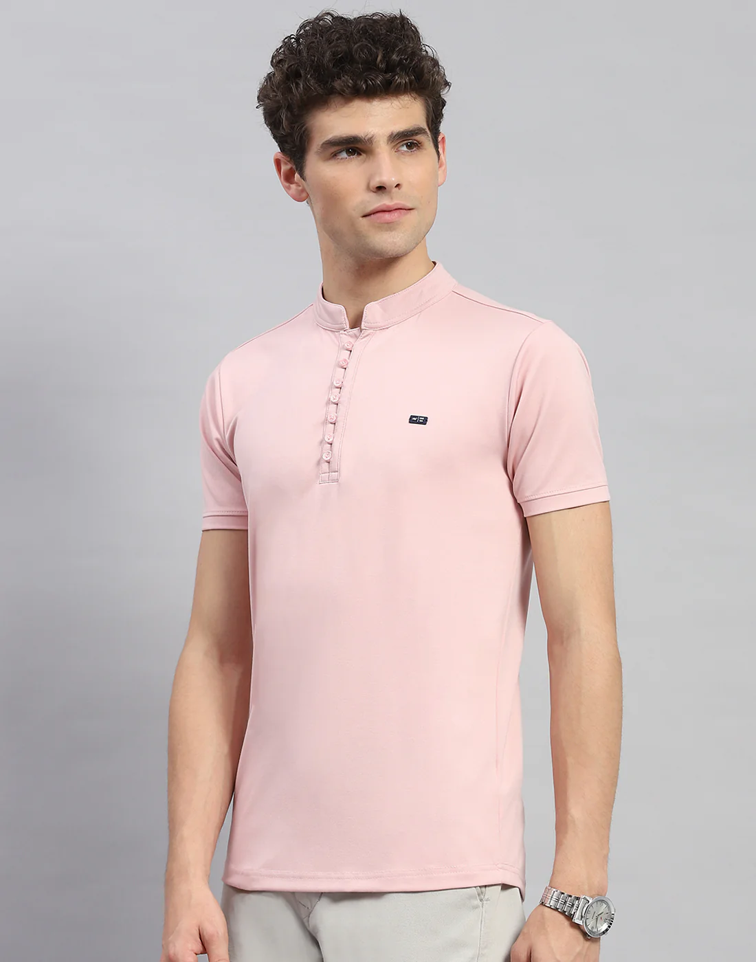 Men Pink Solid  Mandarin Neck Half Sleeve T-Shirt - Image 3