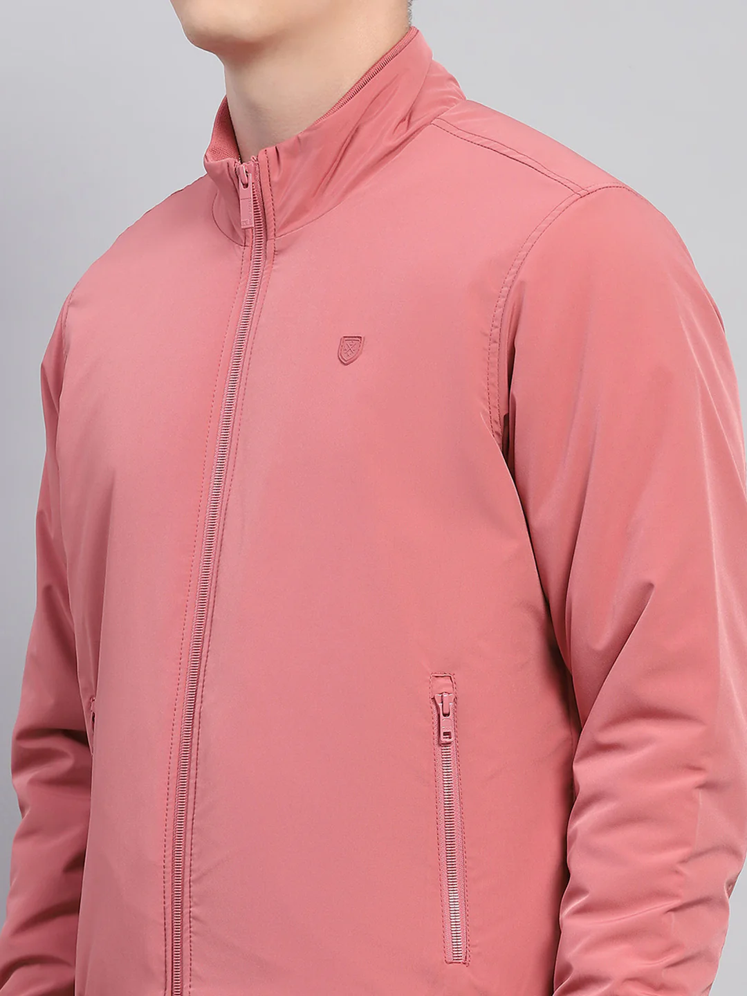 Men Pink Solid Mock Neck Full Sleeve Jacket - Image 6