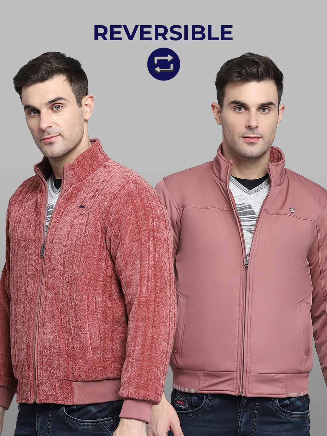 Men Pink Solid Mock Neck Full Sleeve Jacket - Image 2