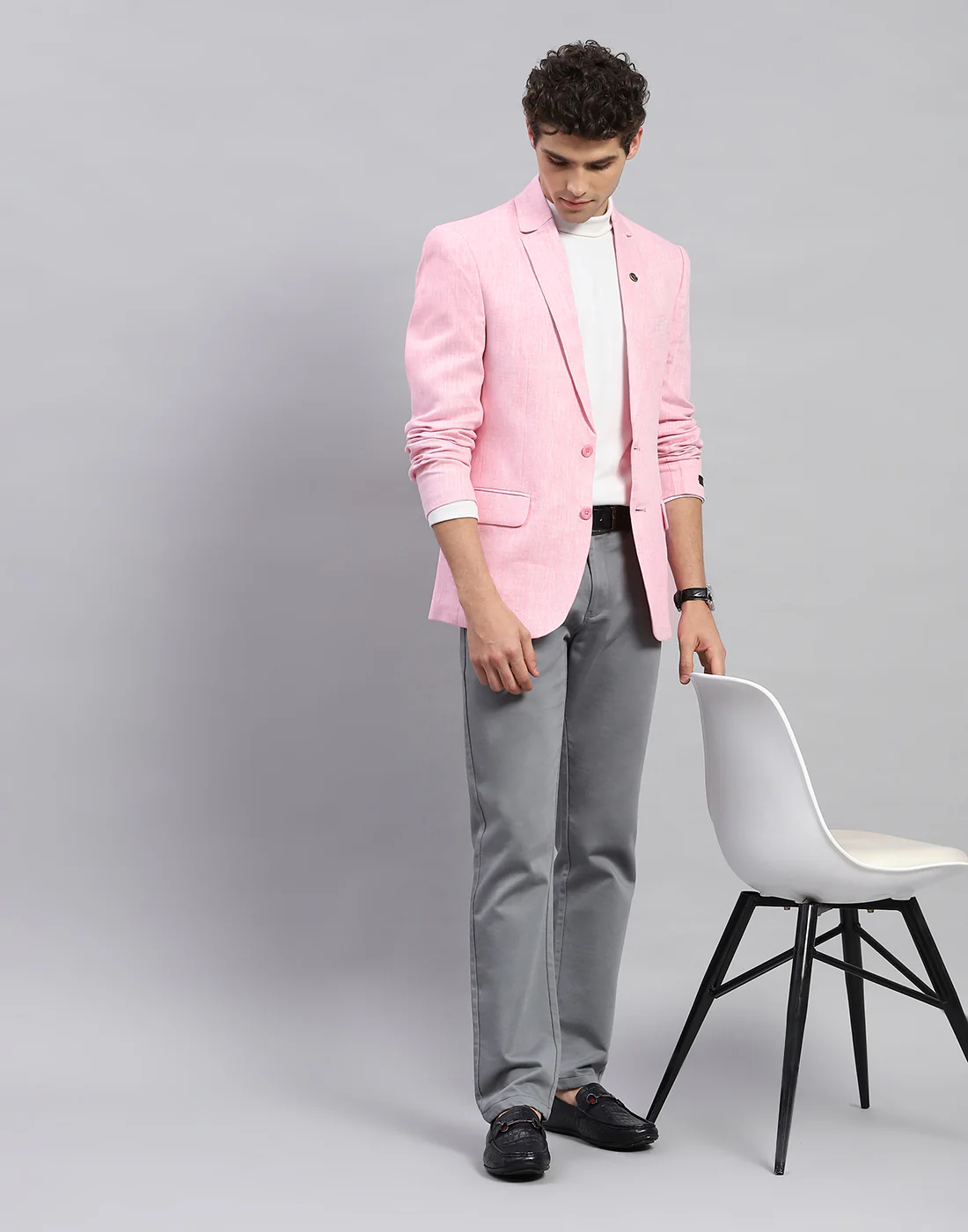 Men Pink Solid Notch Lapel Collar Full Sleeve Blazer - Image 2