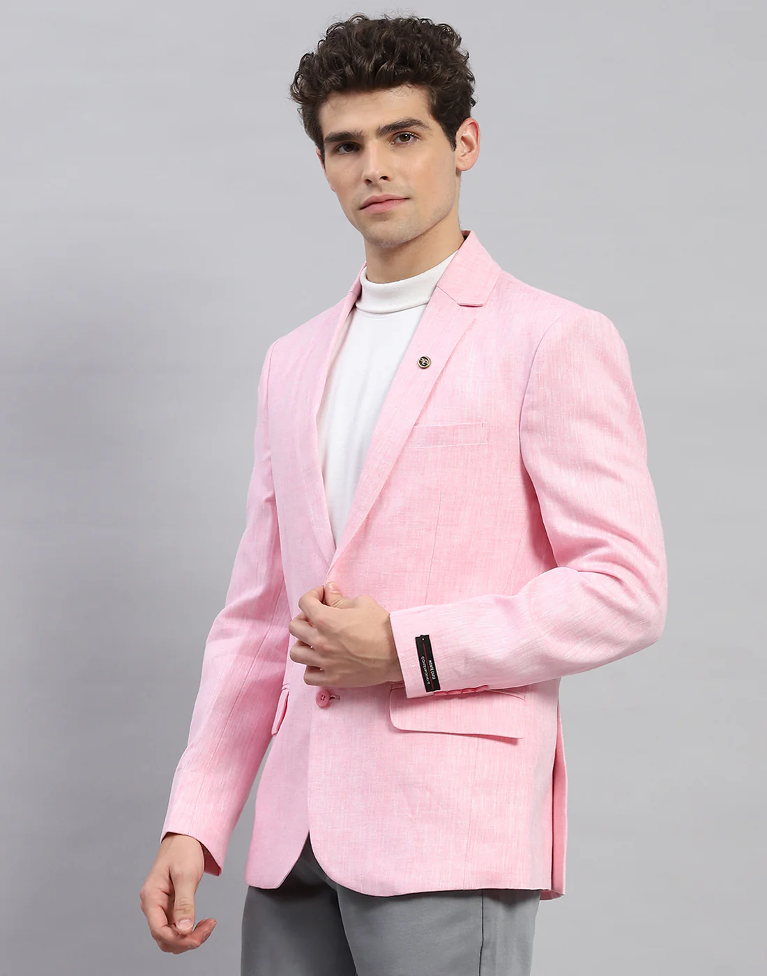 Men Pink Solid Notch Lapel Collar Full Sleeve Blazer - Image 3