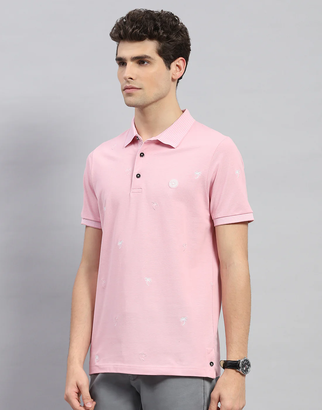 Men Pink Solid Polo Collar Half Sleeve T-Shirt - Image 3