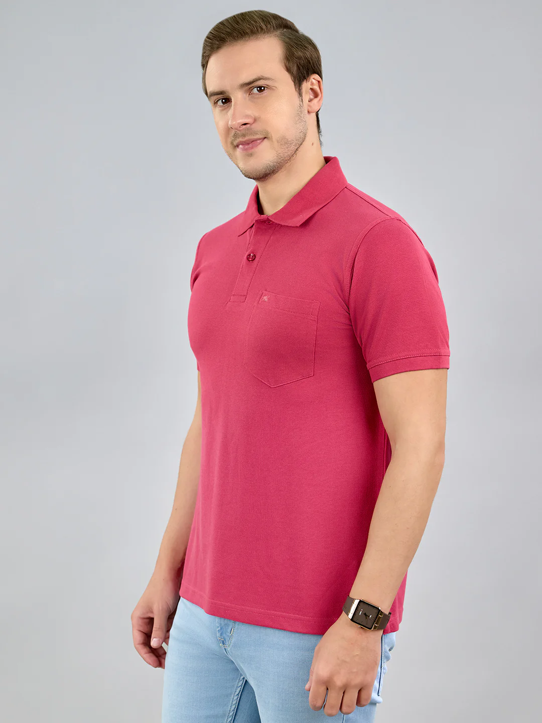 Men Pink Solid Polo Collar Half Sleeve T-Shirt - Image 2