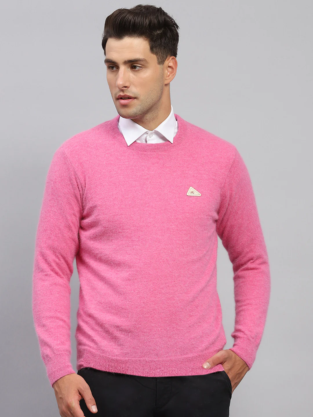 Men Pink Solid Round Neck Full Sleeve Pullover - Image 2