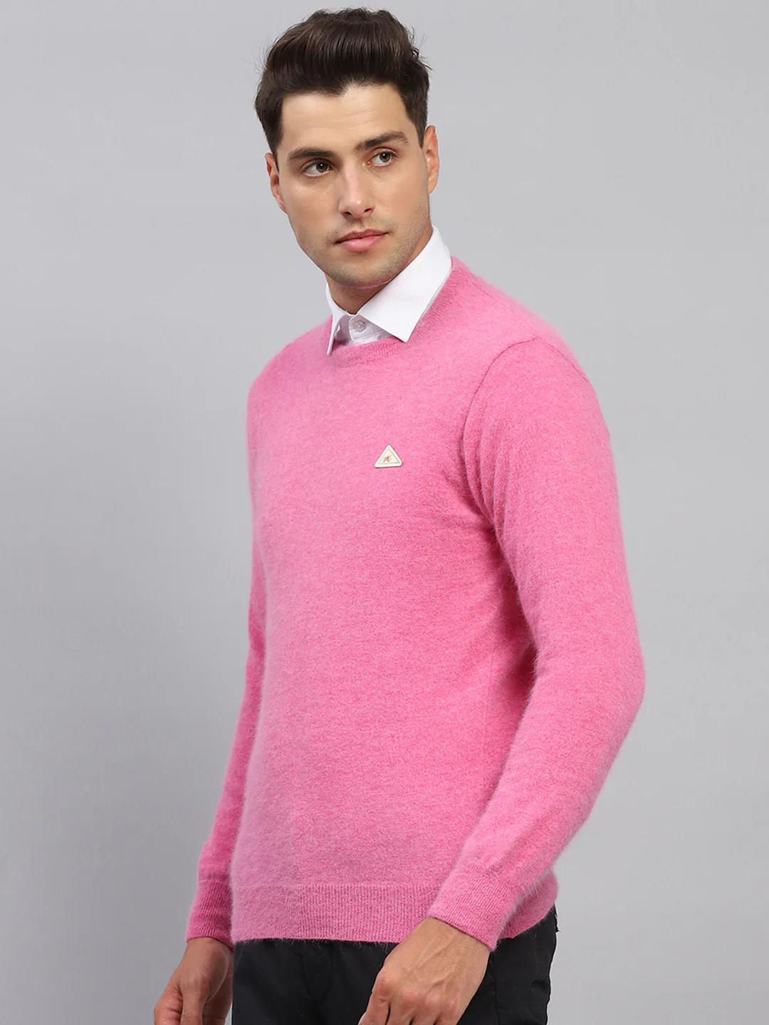 Men Pink Solid Round Neck Full Sleeve Pullover - Image 3