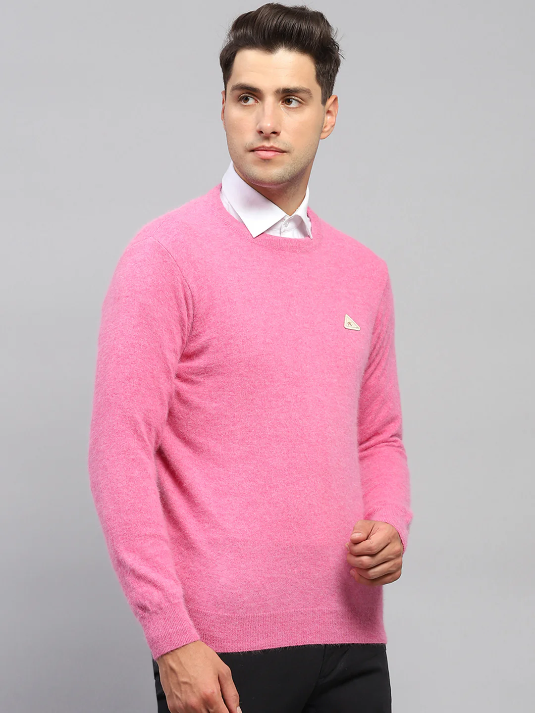 Men Pink Solid Round Neck Full Sleeve Pullover - Image 4