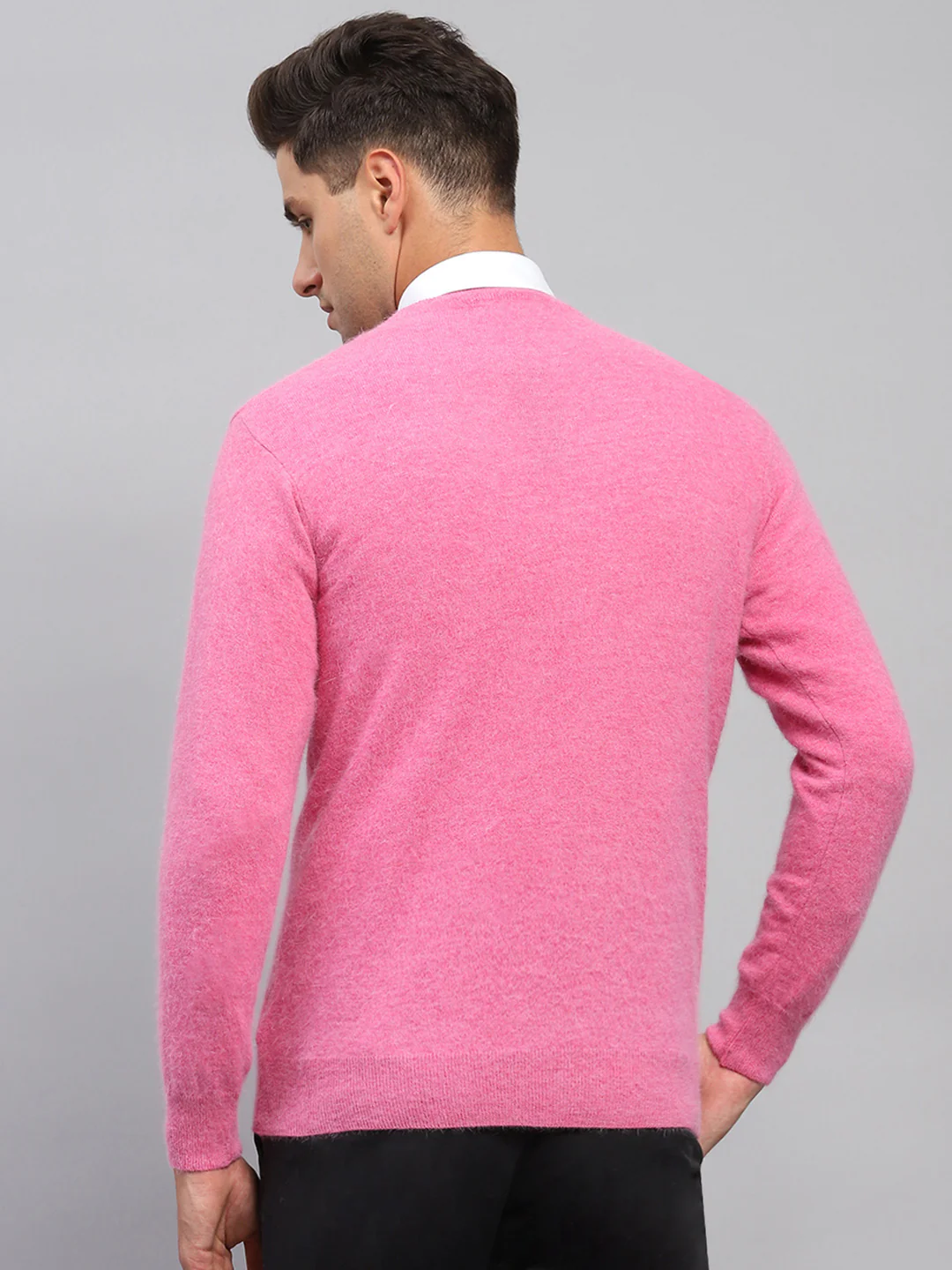 Men Pink Solid Round Neck Full Sleeve Pullover - Image 5