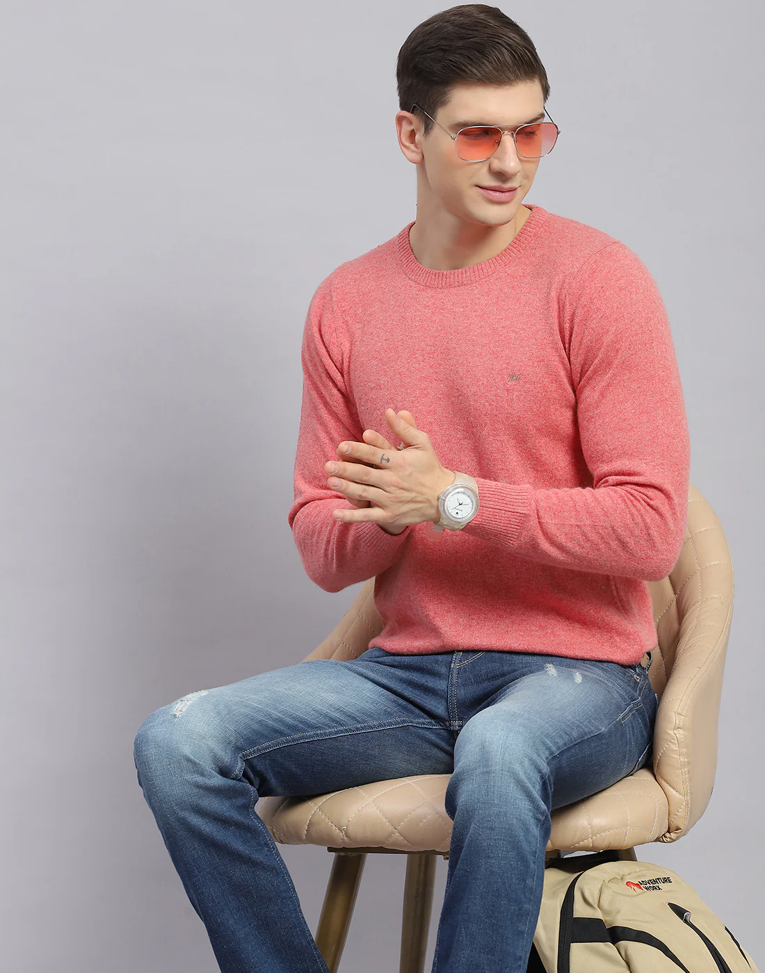 Men Pink Solid Round Neck Full Sleeve Pullover - Image 2