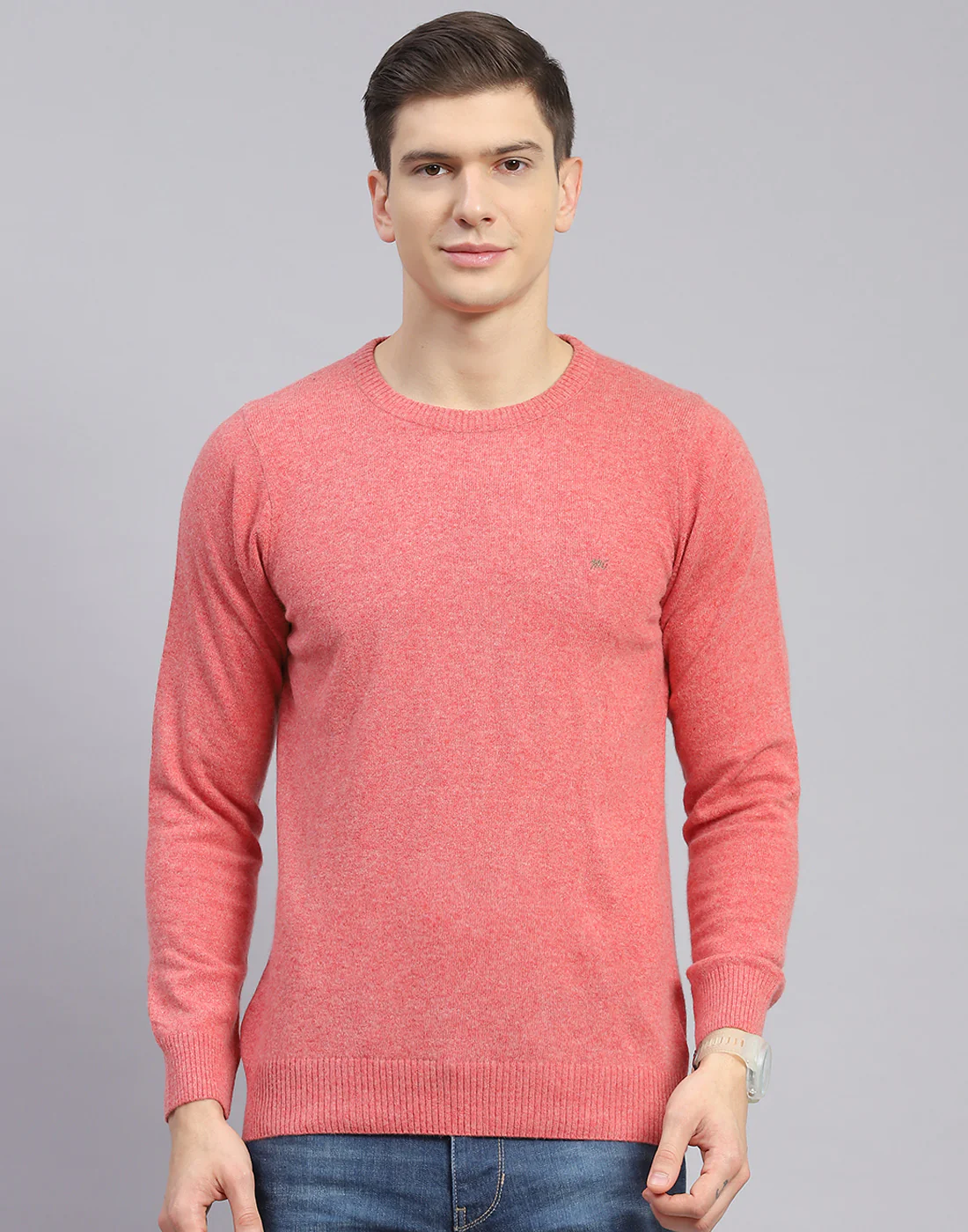 Men Pink Solid Round Neck Full Sleeve Pullover - Image 3