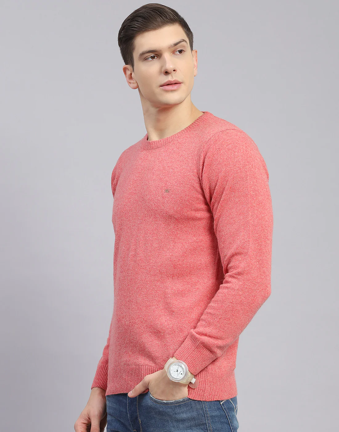 Men Pink Solid Round Neck Full Sleeve Pullover - Image 4