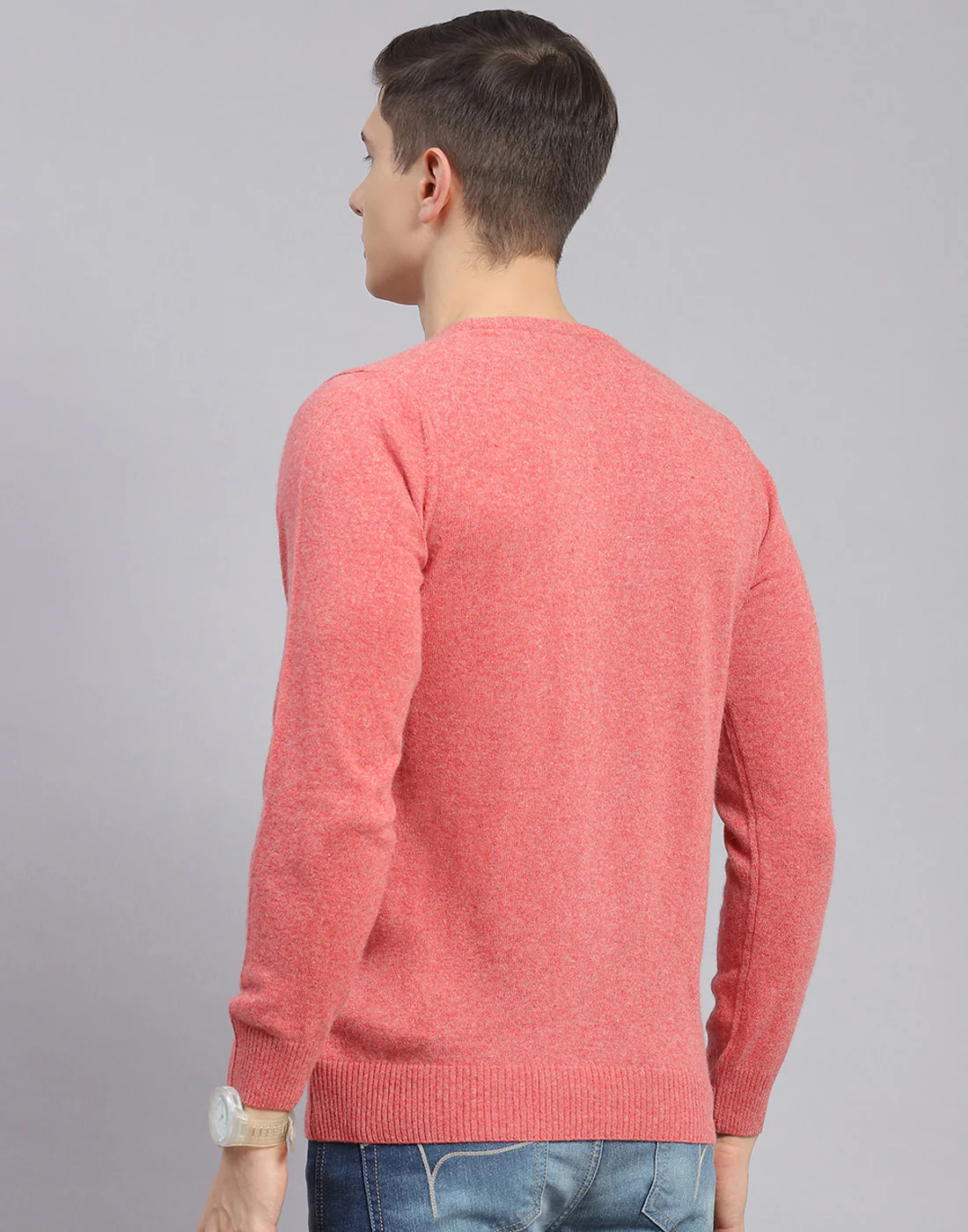 Men Pink Solid Round Neck Full Sleeve Pullover - Image 6