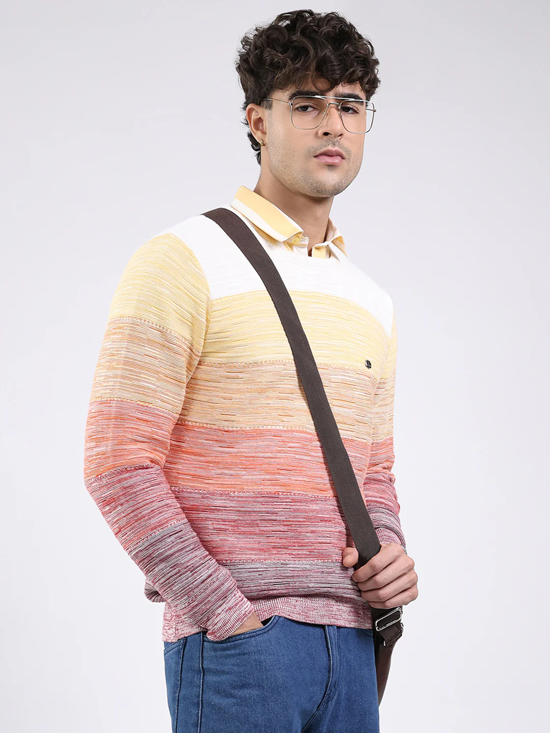 Men Pink Solid Round Neck Full Sleeve Pullover - Image 6