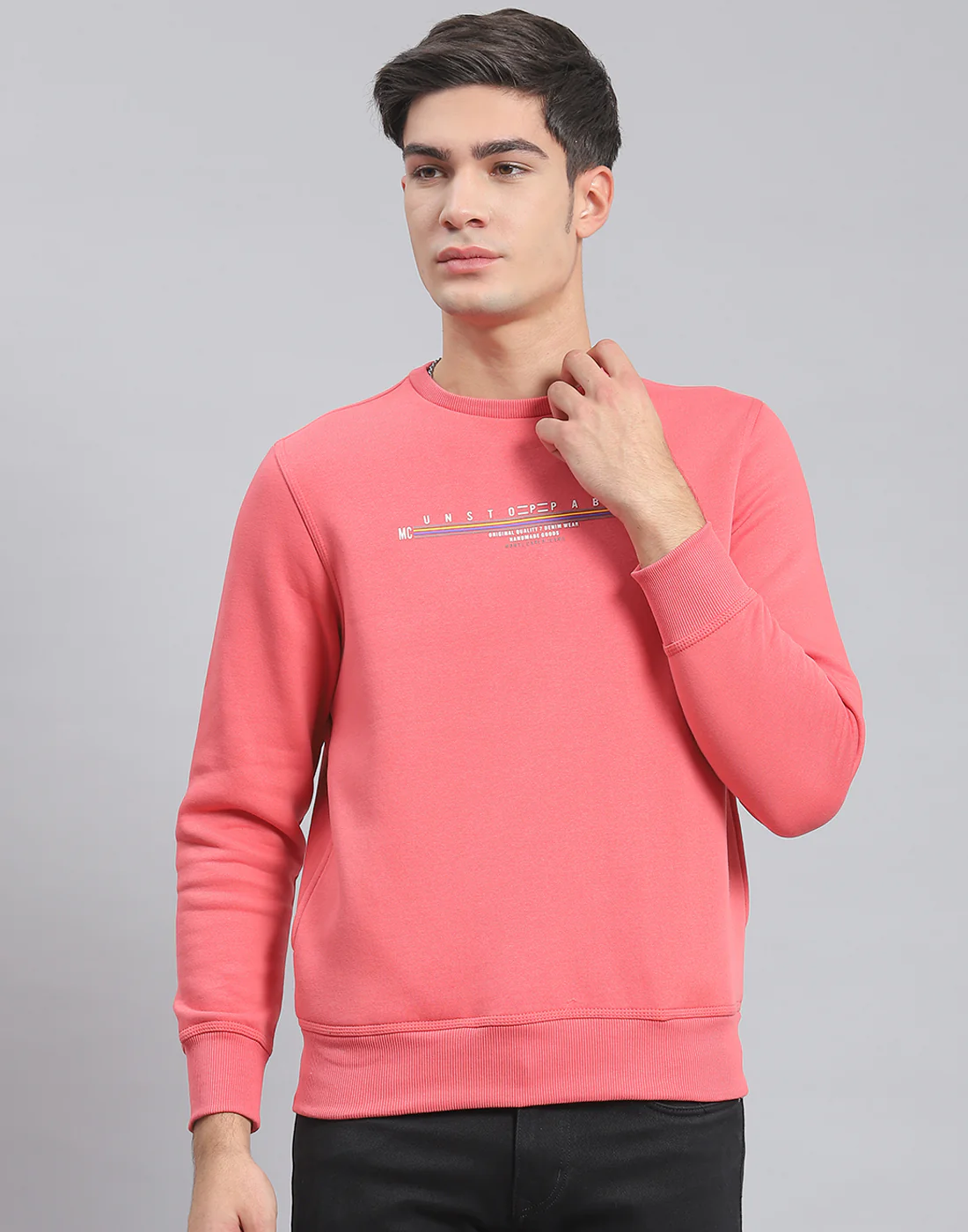 Men Pink Solid Round Neck Full Sleeve Sweatshirt - Image 2