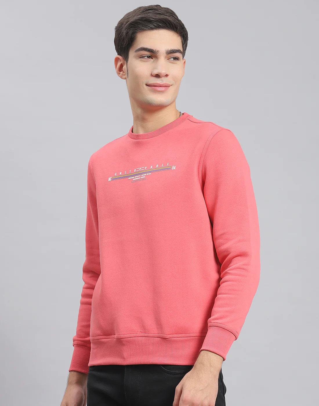 Men Pink Solid Round Neck Full Sleeve Sweatshirt - Image 3
