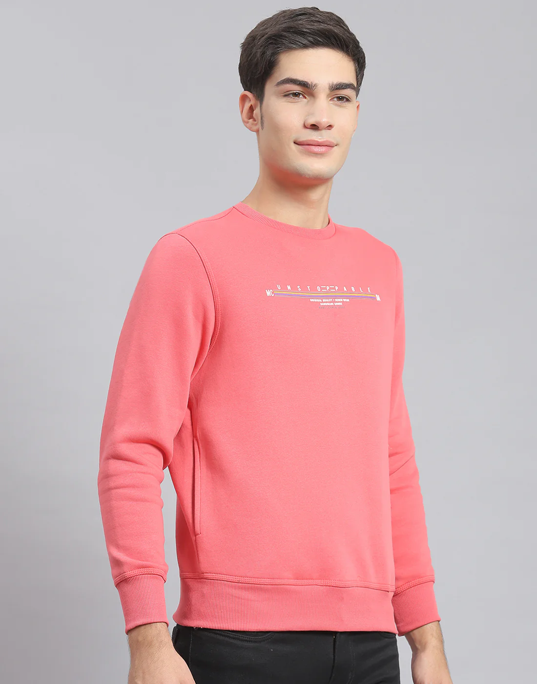Men Pink Solid Round Neck Full Sleeve Sweatshirt - Image 4