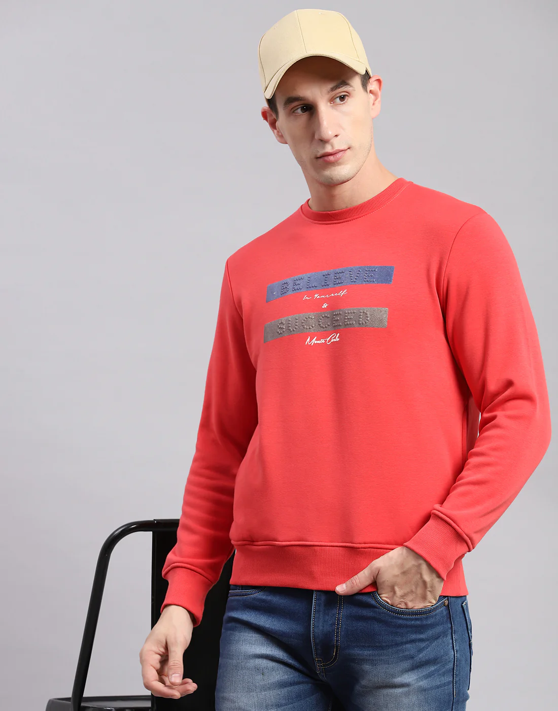 Men Pink Solid Round Neck Full Sleeve Sweatshirts - Image 2