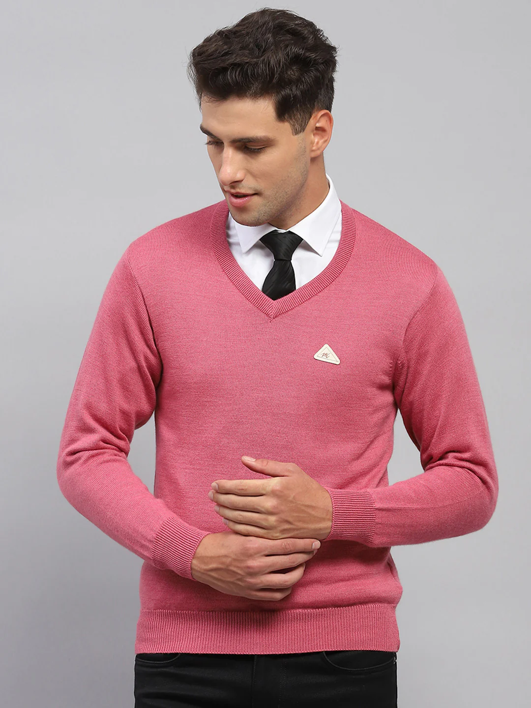 Men Pink Solid V Neck Full Sleeve Pullover - Image 2