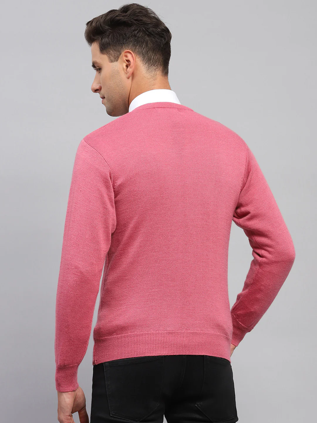 Men Pink Solid V Neck Full Sleeve Pullover - Image 5