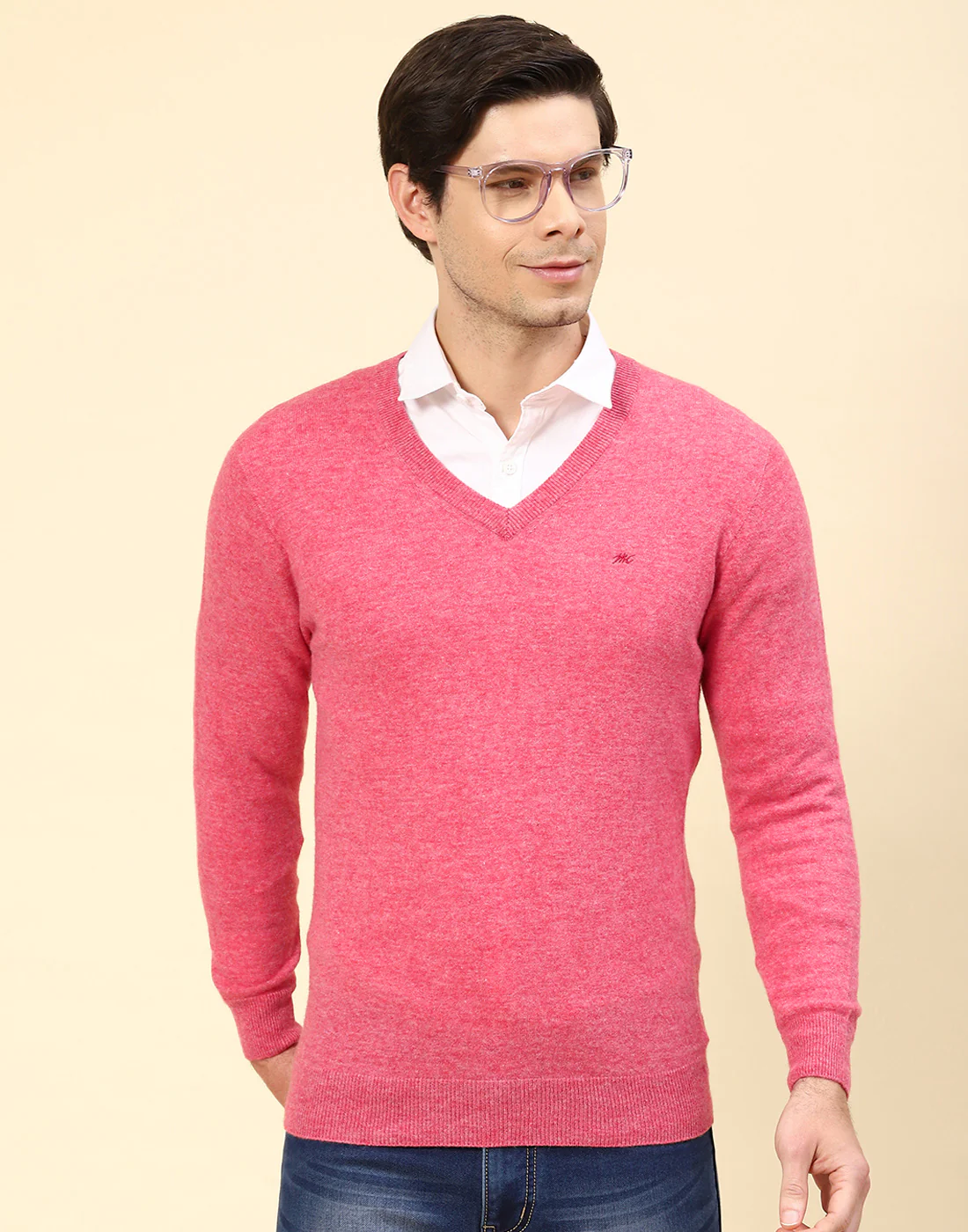 Men Pink Solid V Neck Full Sleeve Pullover - Image 3