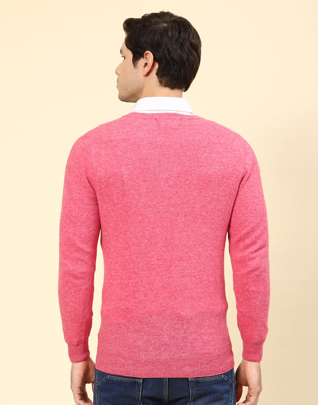 Men Pink Solid V Neck Full Sleeve Pullover - Image 5