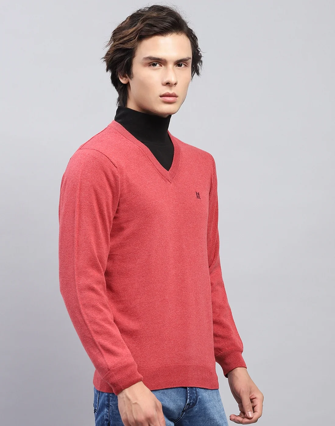 Men Pink Solid V Neck Full Sleeve Pullover - Image 4