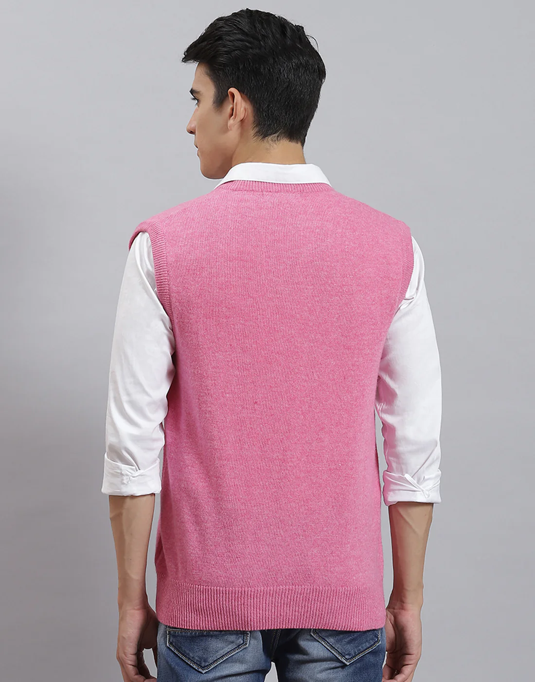 Men Pink Solid V Neck Sleeveless Sweater - Image 5
