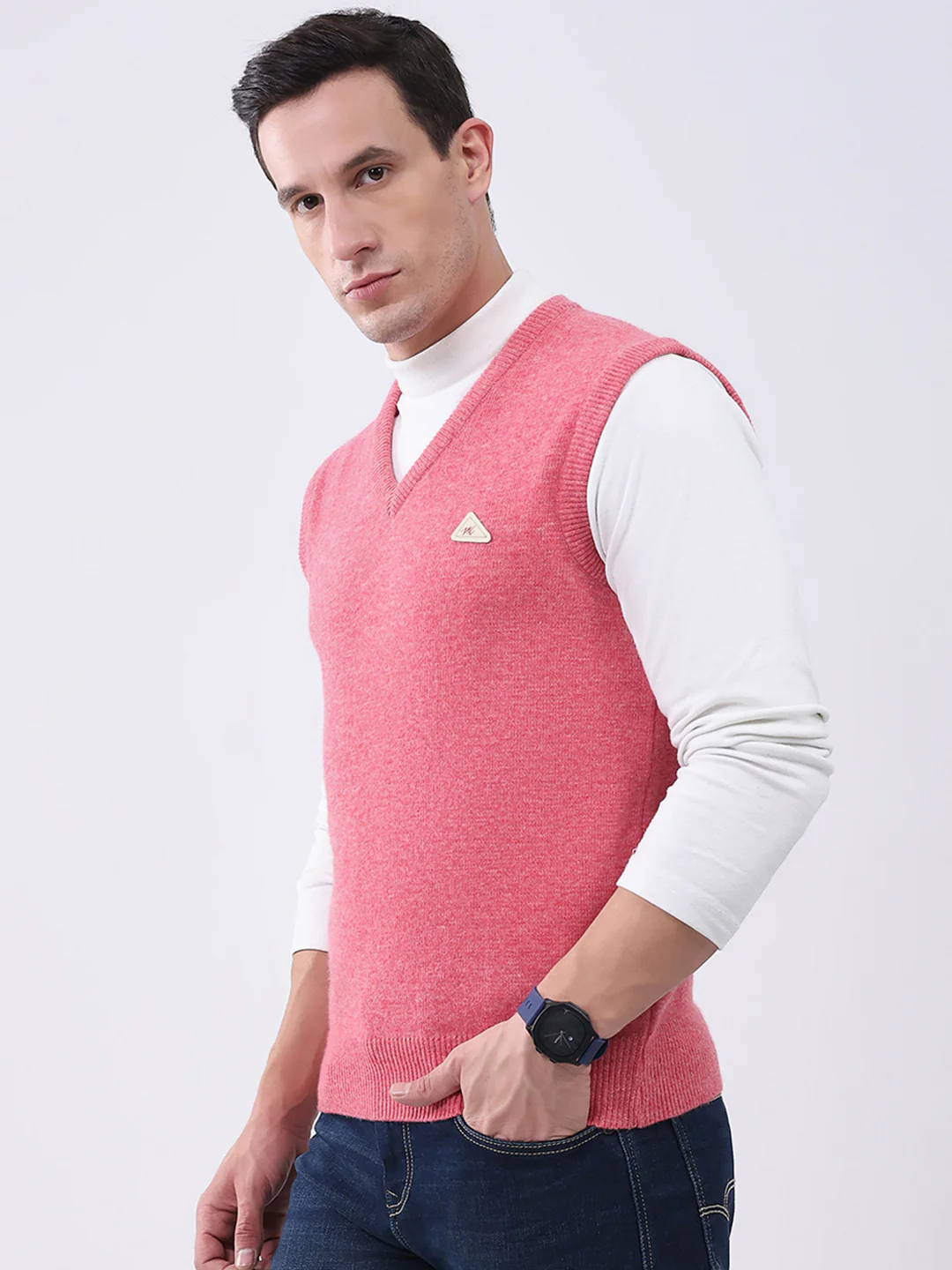 Men Pink Solid V Neck Sleeveless Sweater - Image 3