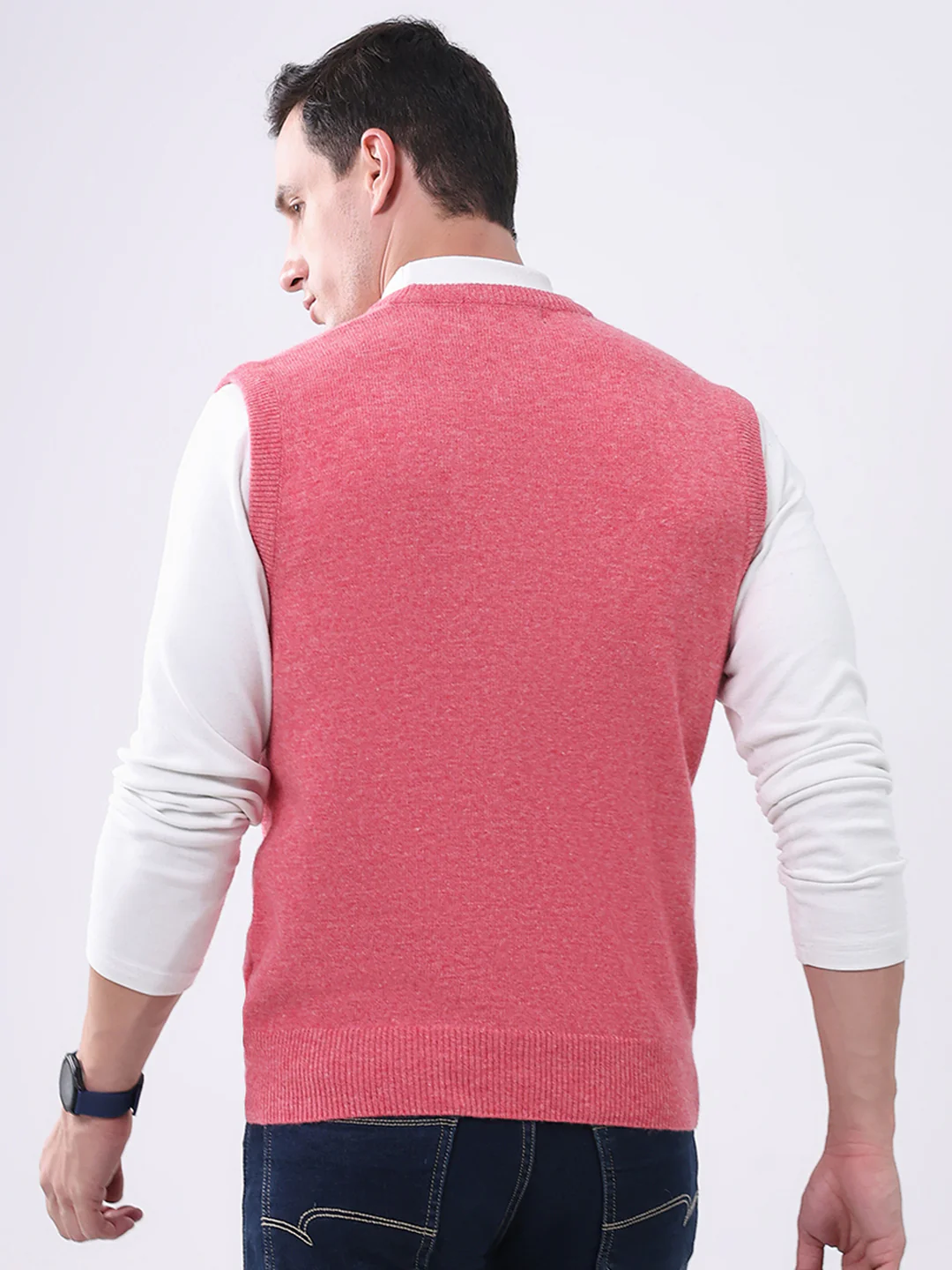 Men Pink Solid V Neck Sleeveless Sweater - Image 5