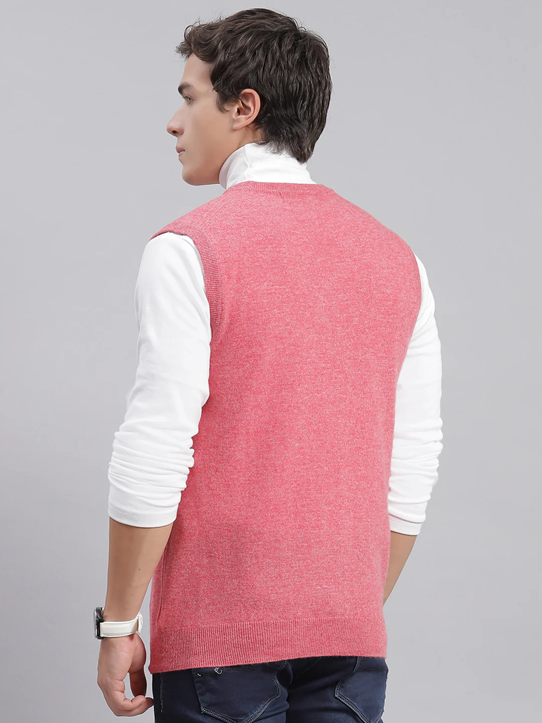 Men Pink Solid V Neck Sleeveless Sweaters/Pullovers - Image 5