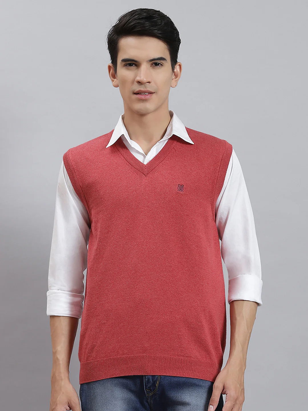 Men Pink Solid V Neck Sleeveless Sweaters/Pullovers - Image 2