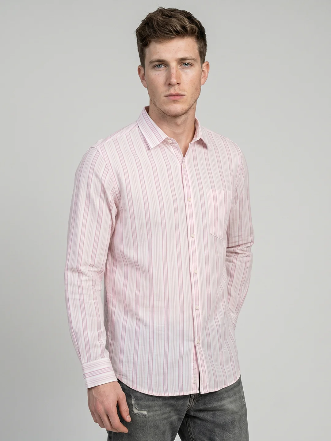 Men Pink Stripe Collar Full Sleeve Shirt - Image 3