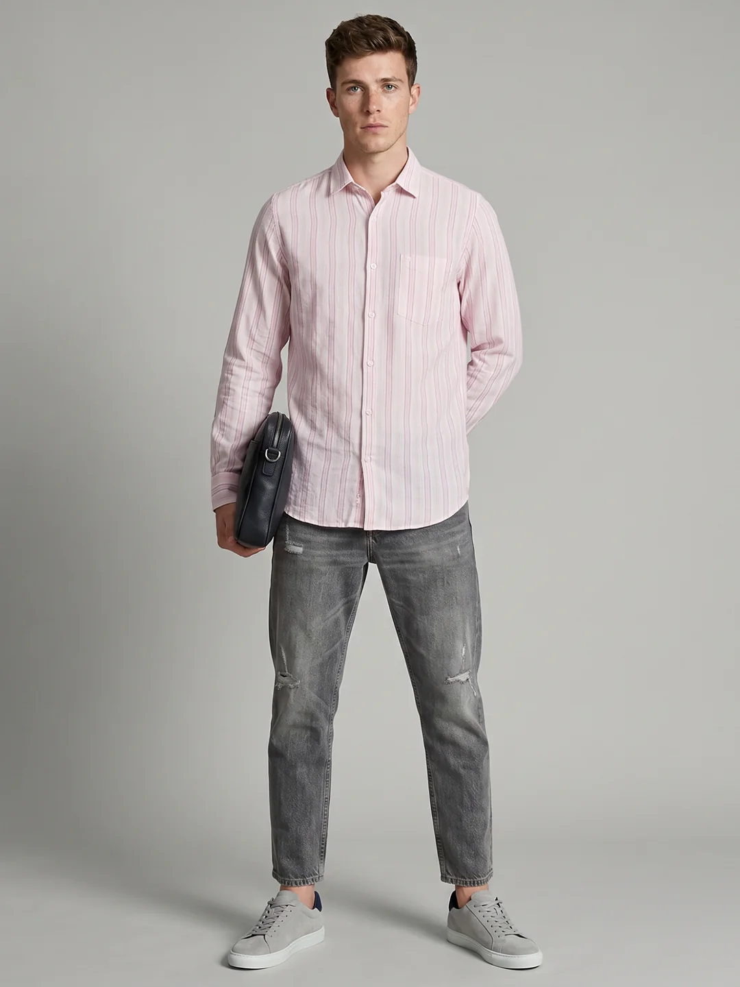Men Pink Stripe Collar Full Sleeve Shirt - Image 5