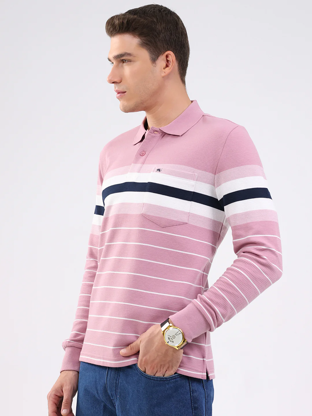Men Pink Stripe Collar Full Sleeve Winter T-Shirt - Image 3