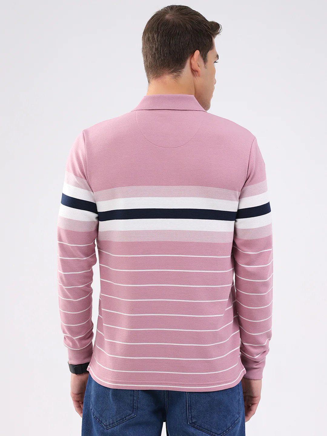 Men Pink Stripe Collar Full Sleeve Winter T-Shirt - Image 5