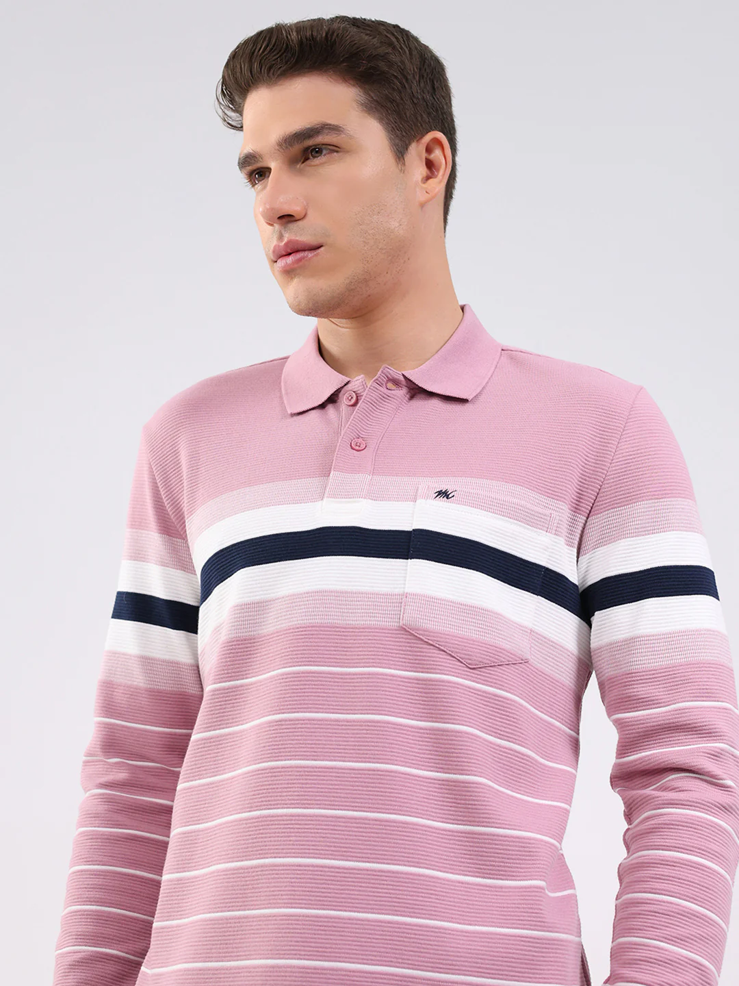 Men Pink Stripe Collar Full Sleeve Winter T-Shirt - Image 7