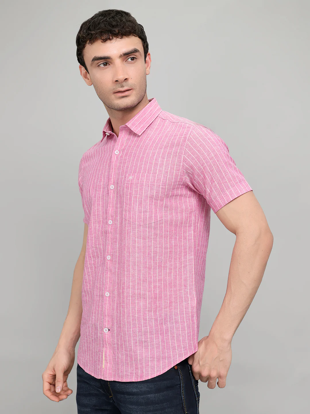 Men Pink Stripe Collar Half Sleeve Shirt - Image 2
