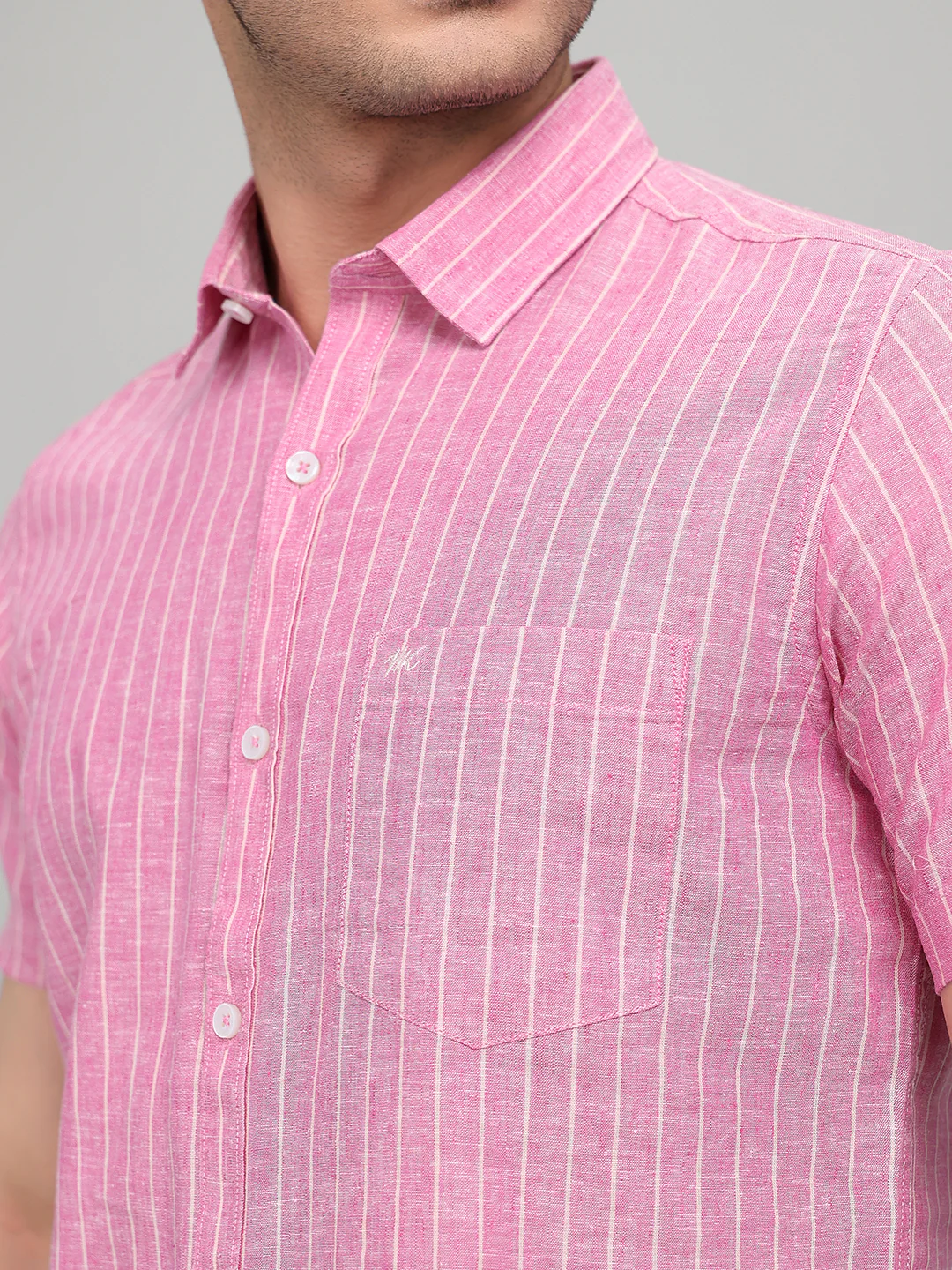 Men Pink Stripe Collar Half Sleeve Shirt - Image 4