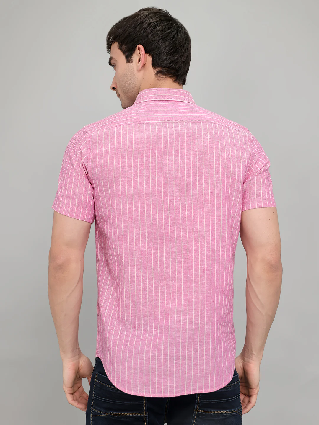Men Pink Stripe Collar Half Sleeve Shirt - Image 5