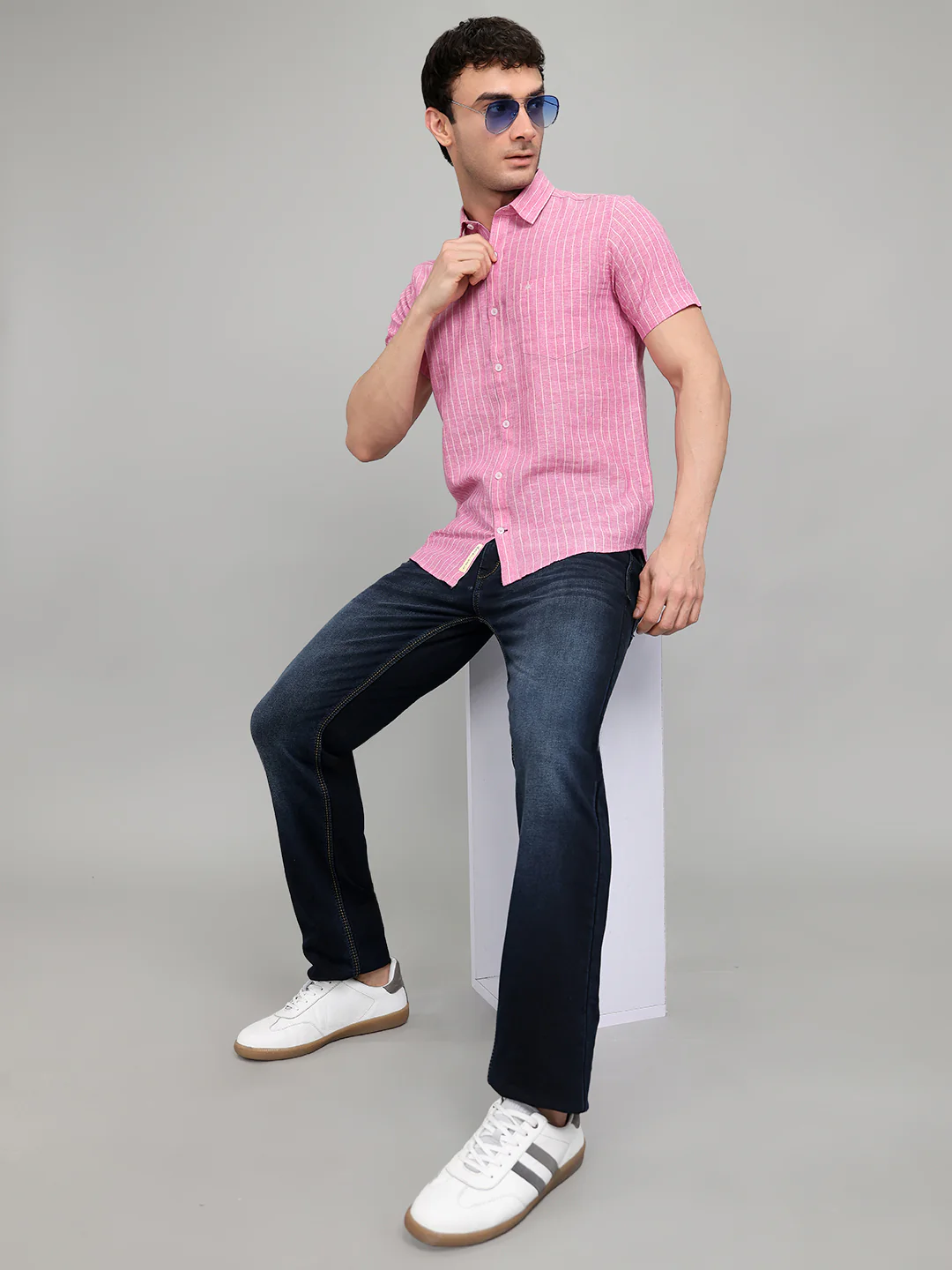 Men Pink Stripe Collar Half Sleeve Shirt - Image 6