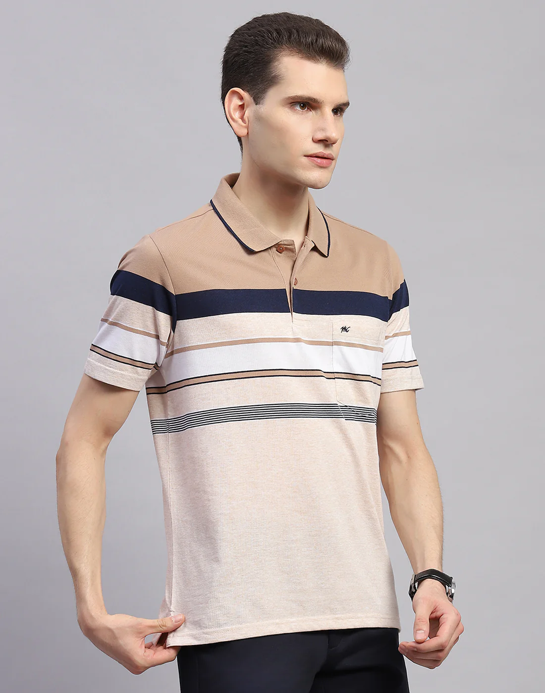 Men Pink Stripe Collar Half Sleeve T-Shirt - Image 4