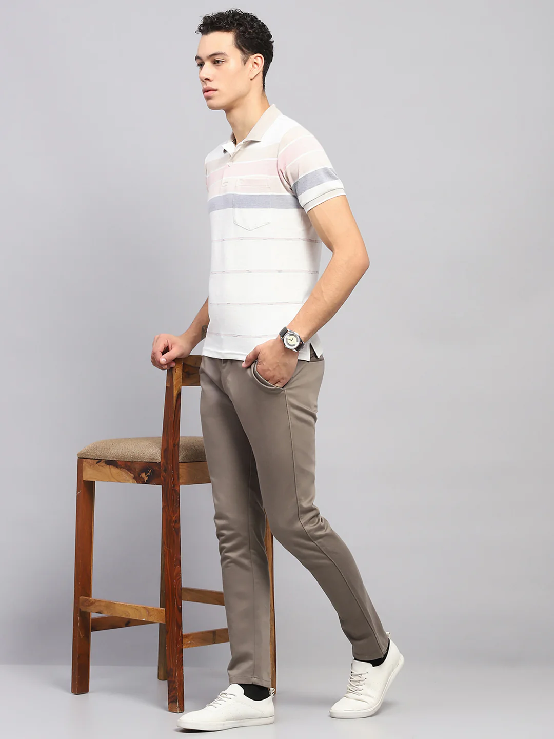 Men Pink Stripe Collar Half Sleeve T-Shirt - Image 2