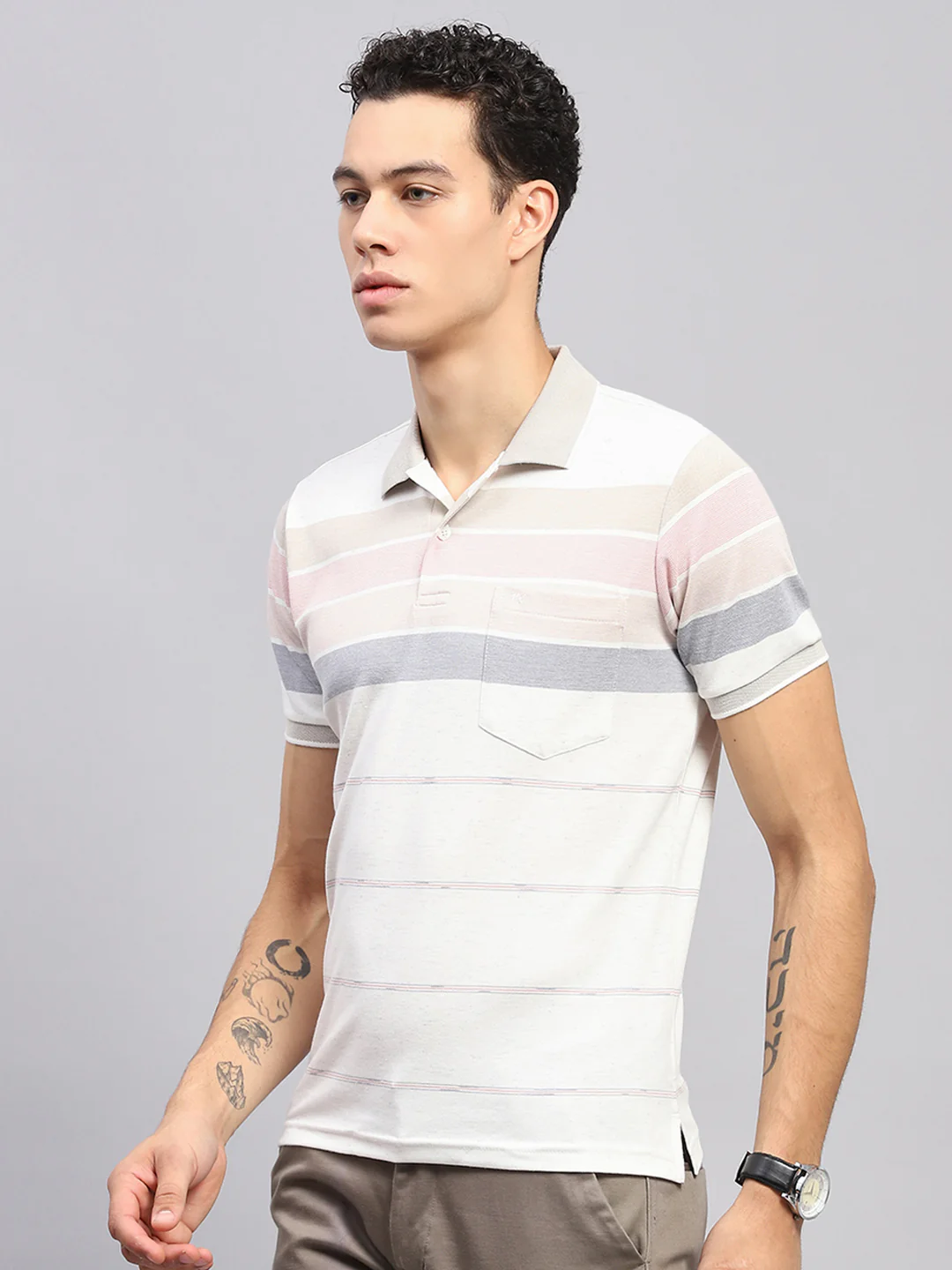 Men Pink Stripe Collar Half Sleeve T-Shirt - Image 3