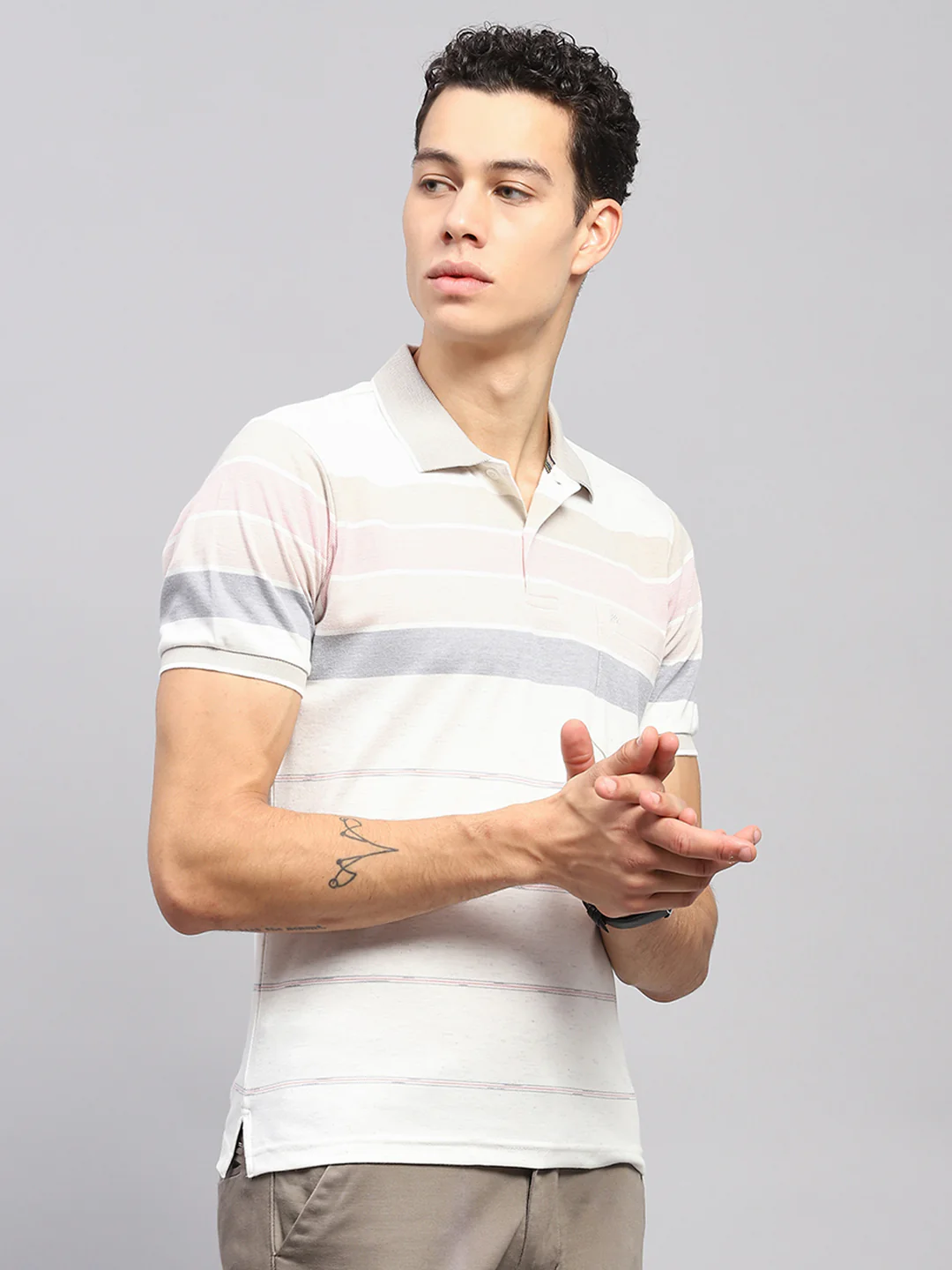 Men Pink Stripe Collar Half Sleeve T-Shirt - Image 4