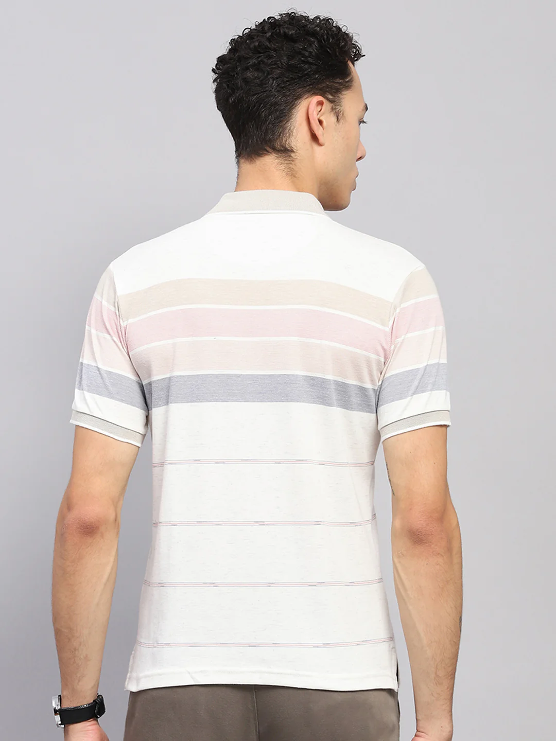 Men Pink Stripe Collar Half Sleeve T-Shirt - Image 5