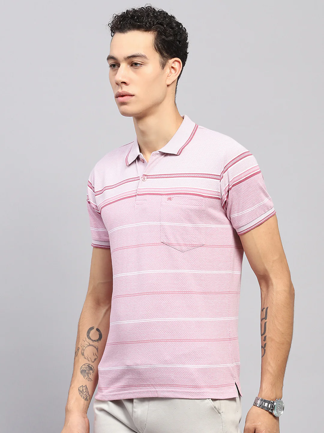Men Pink Stripe Collar Half Sleeve T-Shirt - Image 3