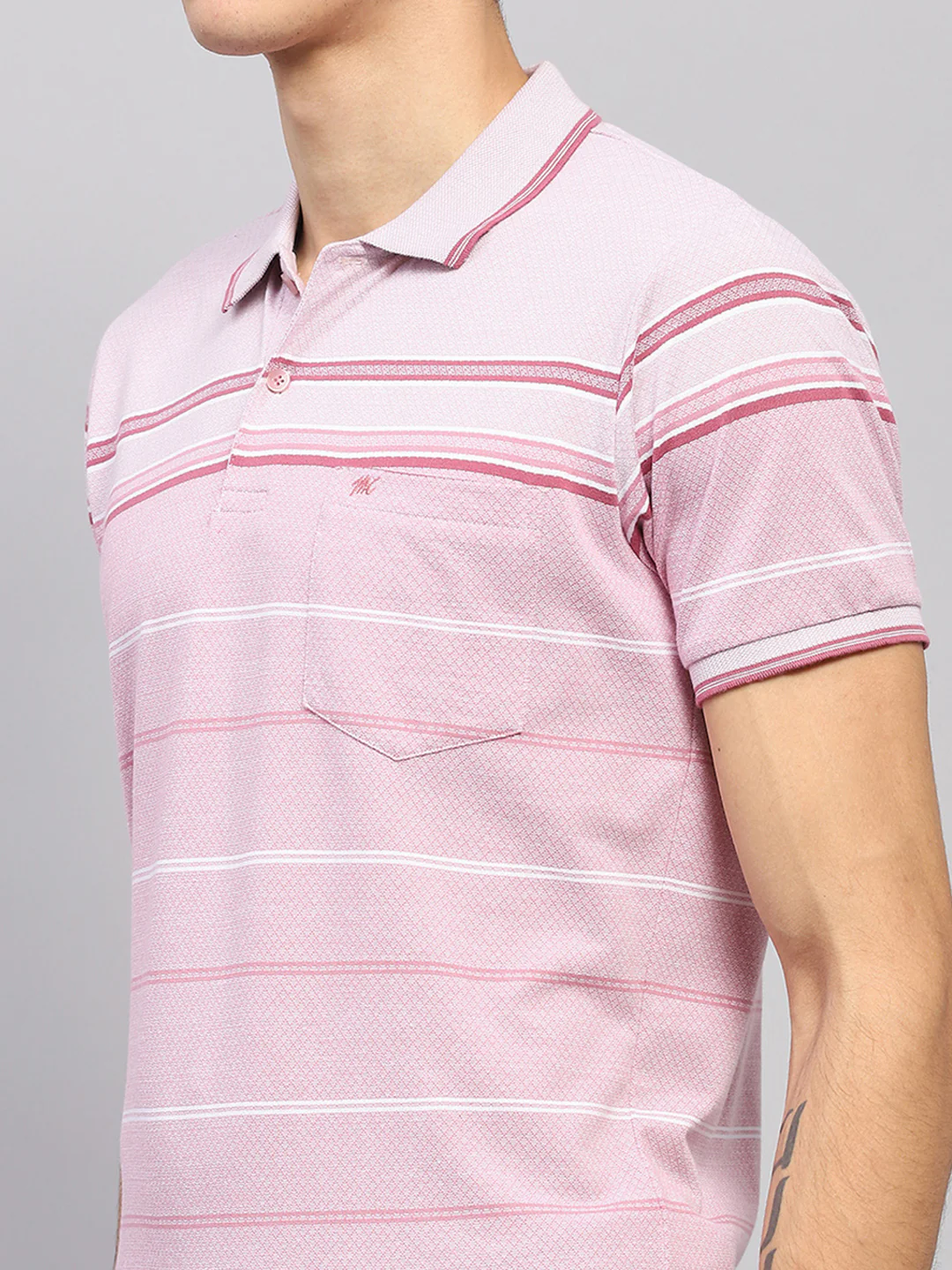 Men Pink Stripe Collar Half Sleeve T-Shirt - Image 6