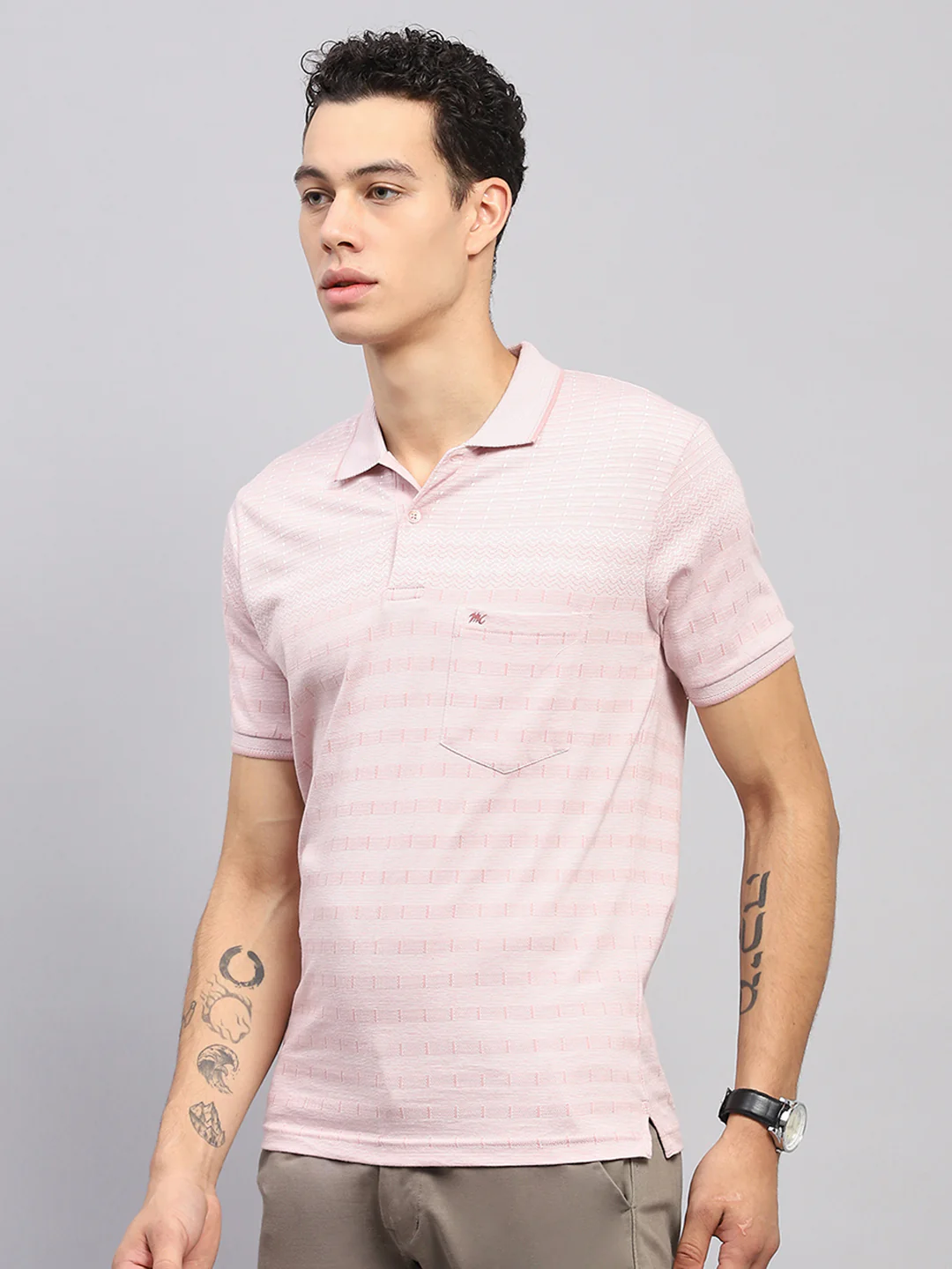Men Pink Stripe Collar Half Sleeve T-Shirt - Image 3