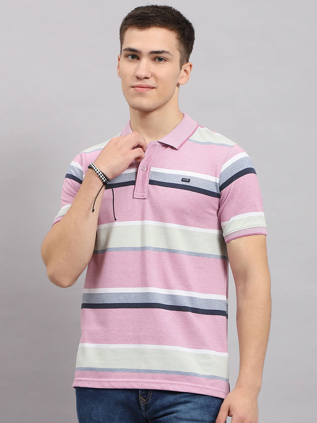 Men Pink Stripe Collar Half Sleeve T-Shirt - Image 2
